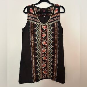 Johnny Was Rina Embroidered Black Sleeveless Mini Dress with Floral Design